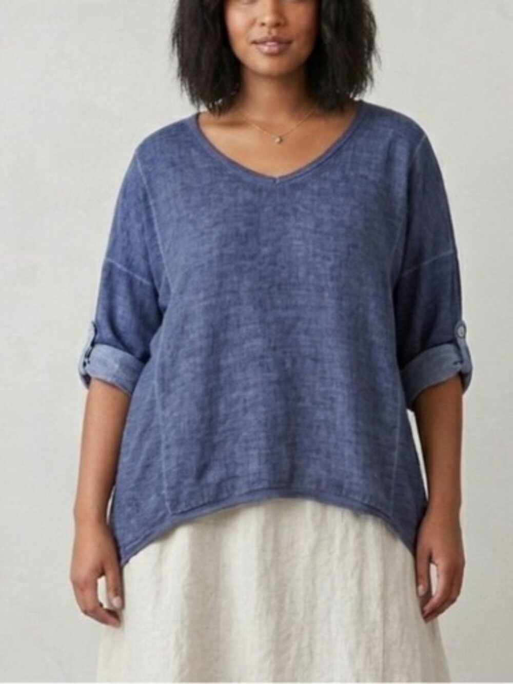 Kaktus Linen Made in Italy 3/4 Roll Tab V-Neck blue top Lagenlook Denim blue Lrg